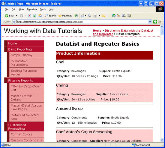 Die DataList enthält eine Kopfzeile und eine horizontale Regel zwischen jedem Produkteintrag