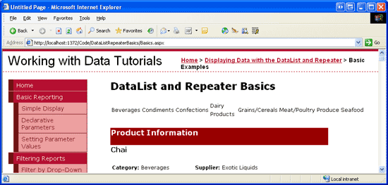 Eine HTML-Tabelle <> mit einer einzelnen Zeile listet jede Kategorie in einer separaten Spalte auf