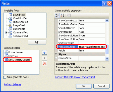 Festlegen der CommandField-Eigenschaft von DetailsView auf InsertValidationControls