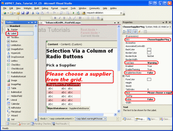 Hinzufügen eines Label-Websteuerelements über gridView