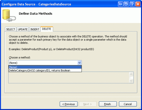 Legen Sie die Drop-Down Listen auf den Registerkarten UPDATE und DELETE auf (Keine) fest.