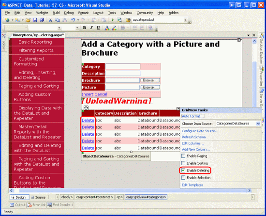 Aktivieren der Unterstützung für das Löschen in GridView