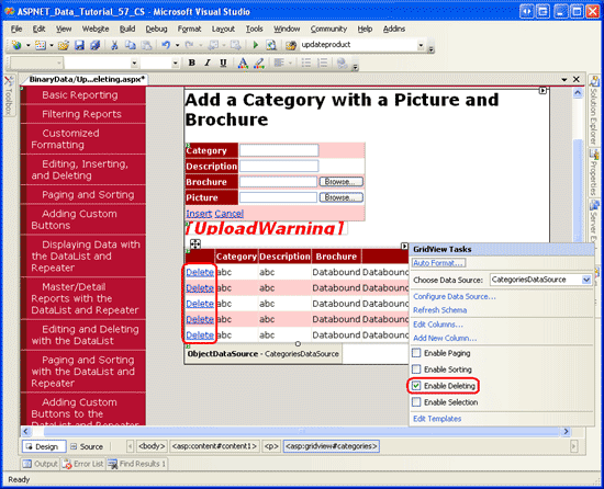 Aktivieren der Unterstützung für das Löschen in gridView