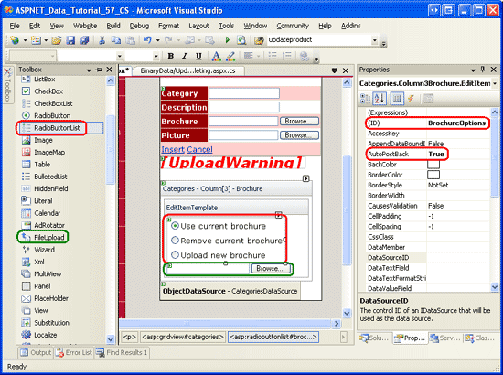 Hinzufügen eines RadioButtonList- und FileUpload-Steuerelements zur EditItemTemplate