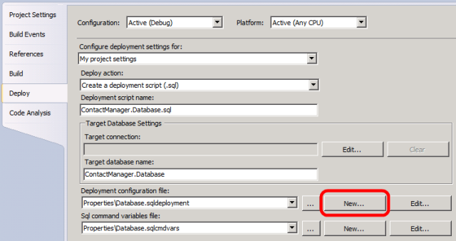 Klicken Sie auf der Seite Eigenschaften des Datenbankprojekts auf der Registerkarte Bereitstellen in der Zeile Bereitstellungskonfigurationsdatei auf Neu.