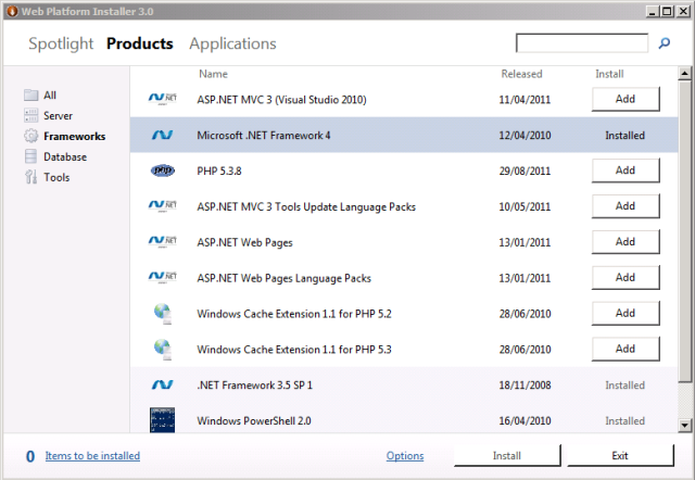 Wenn ein Produkt oder eine Komponente bereits installiert ist, gibt der Webplattform-Installer dies an, indem die Schaltfläche Hinzufügen durch den Text Installiert ersetzt wird.