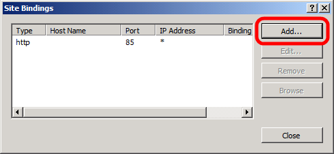 Klicken Sie im Dialogfeld Websitebindungen auf Hinzufügen.