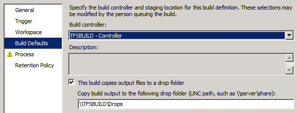 Geben Sie auf der Registerkarte Buildstandard im Feld Buildausgabe in den folgenden Ablageordner kopieren den Pfad U N C (Universal Naming Convention) Ihres Ablageordners ein (z. B. \TFSBUILD\Drops).