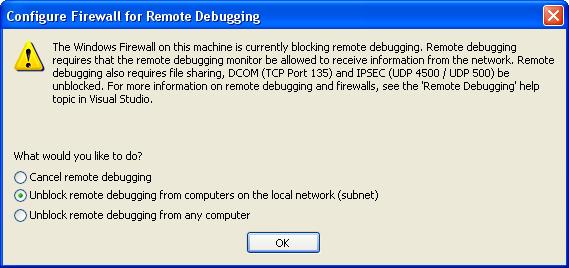 Benachrichtigung, dass die Windows-Firewall das Remotedebuggen blockiert