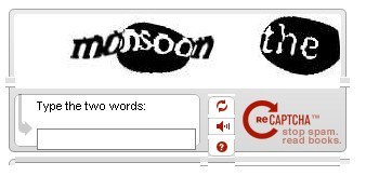 Screenshot des vom ReCaptcha-Dienst generierten Captcha-Tests mit zwei verzerrten Wörtern und einem Textfeld für die Benutzerüberprüfung.