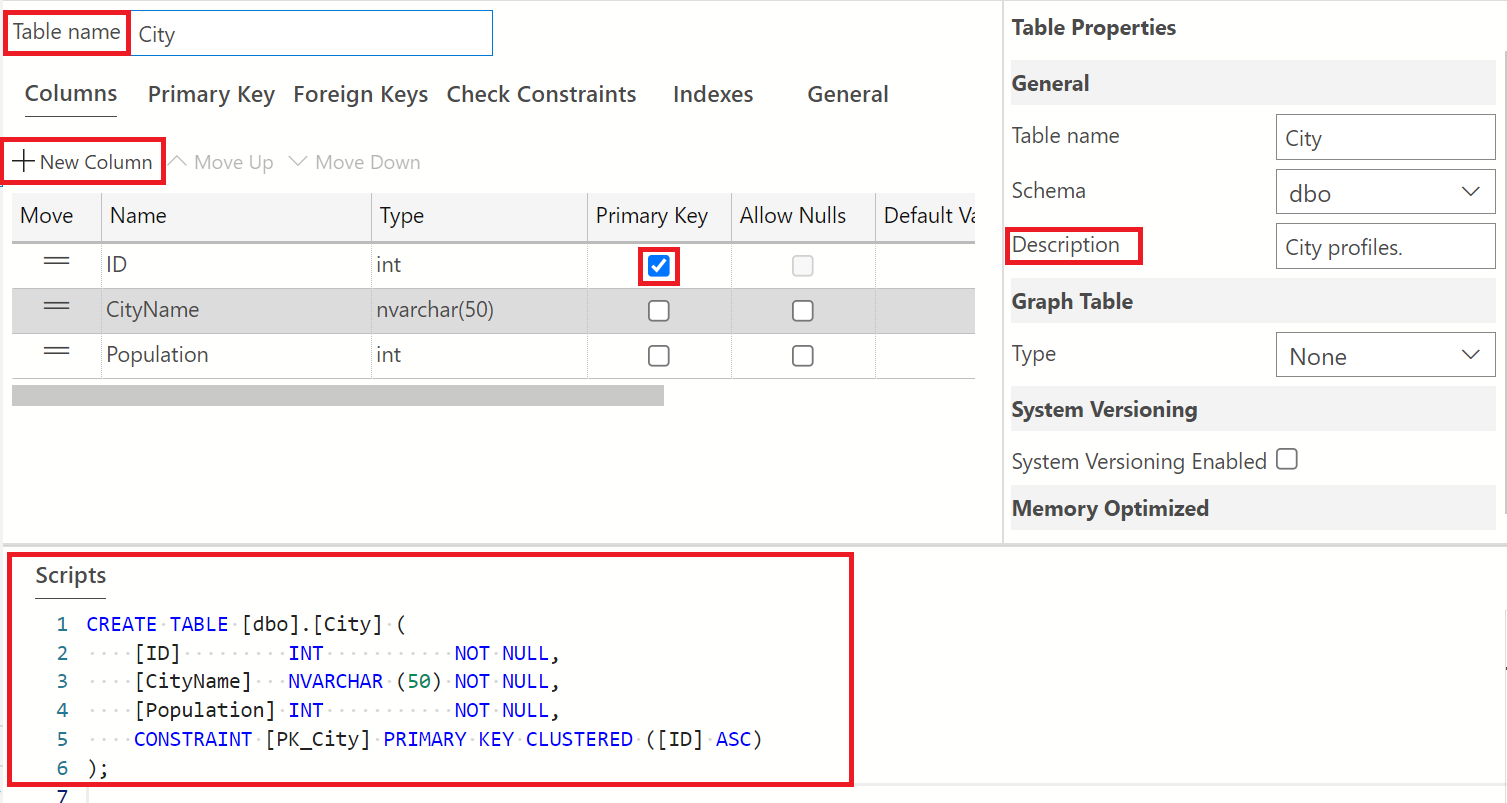 Screenshot des Tabellen-Designers zum Bearbeiten des Tabellennamens und Hinzufügen einer Spalte mit Primärschlüsselbezeichner Zeigt auch das aus dem Tabellen-Designer generierte T-SQL-Skript an.