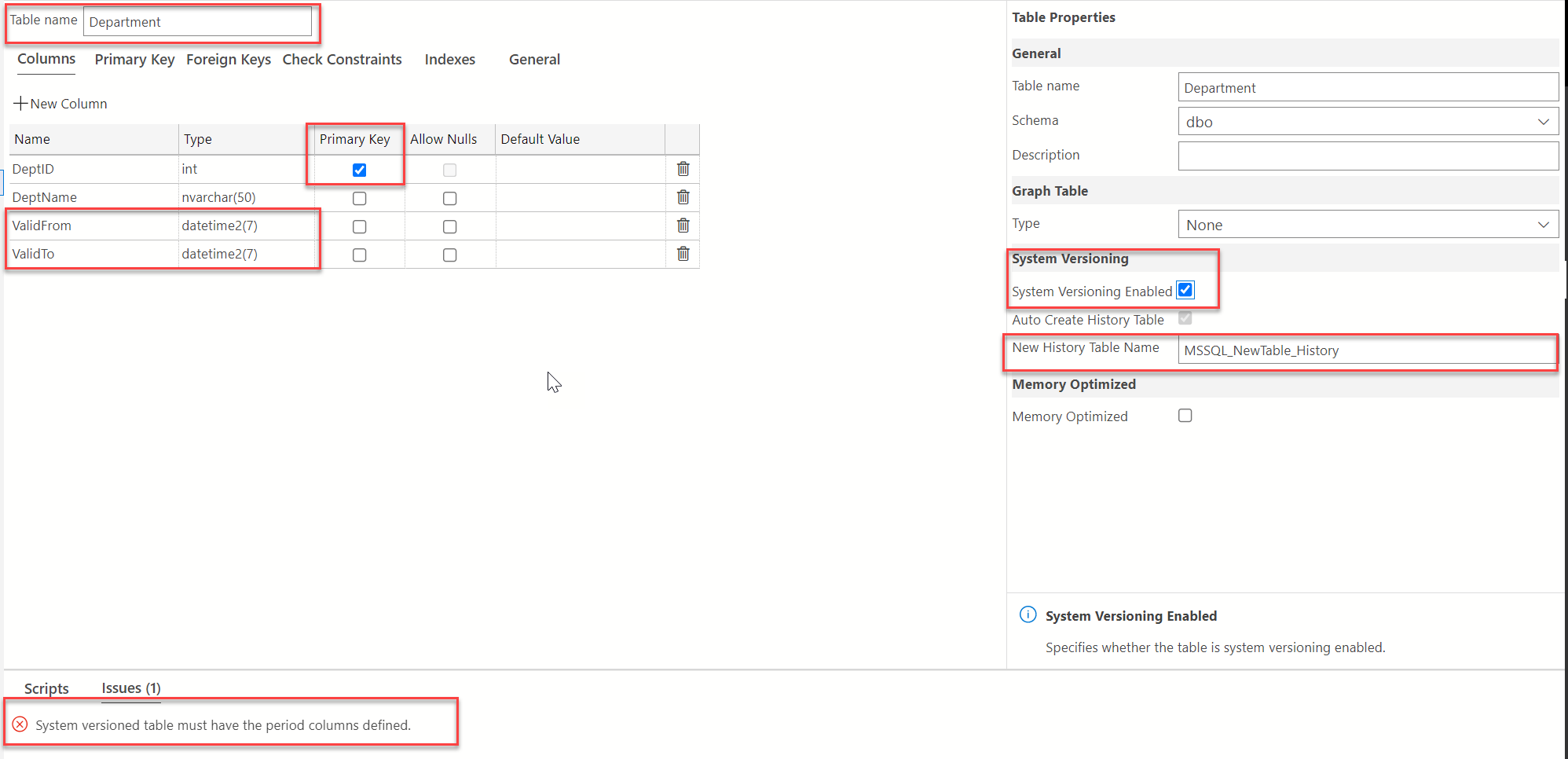 Screenshot des Tabellen-Designers mit den Schritten zum Erstellen einer Tabelle mit Systemversionsverwaltung.