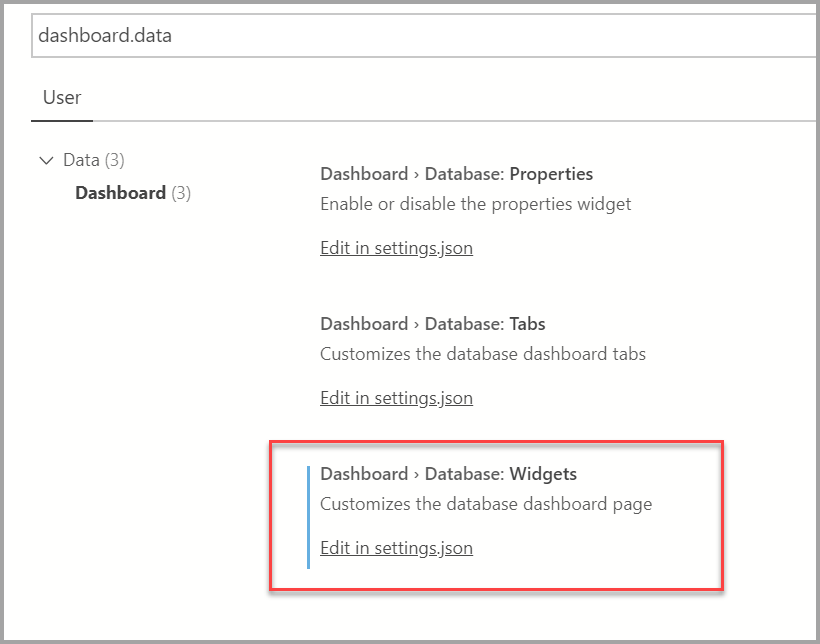 Screenshot: Bereich „USER SETTINGS“ mit umrandetem Bereich „Dashboard“ > „Database Widgets“: