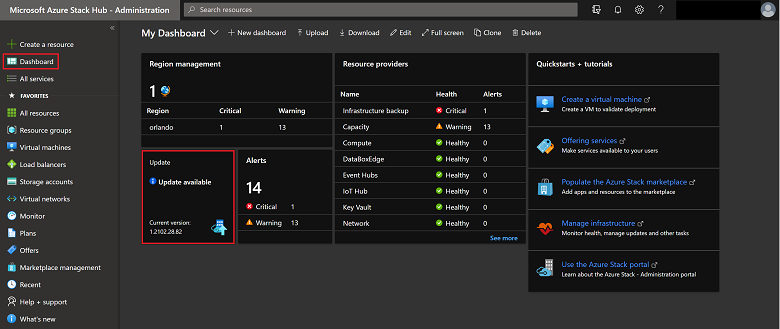 Kachel „Update“ auf dem Standarddashboard