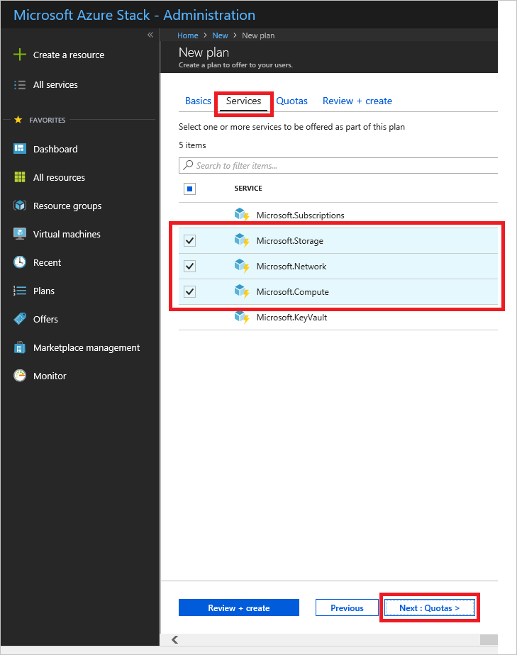 Der Screenshot zeigt, wie Dienste für einen neuen Plan in Azure Stack Hub ausgewählt werden.