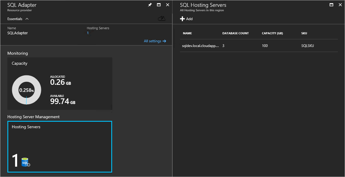 Dashboard des SQL-Adapters im Azure Stack Hub-Administratorportal