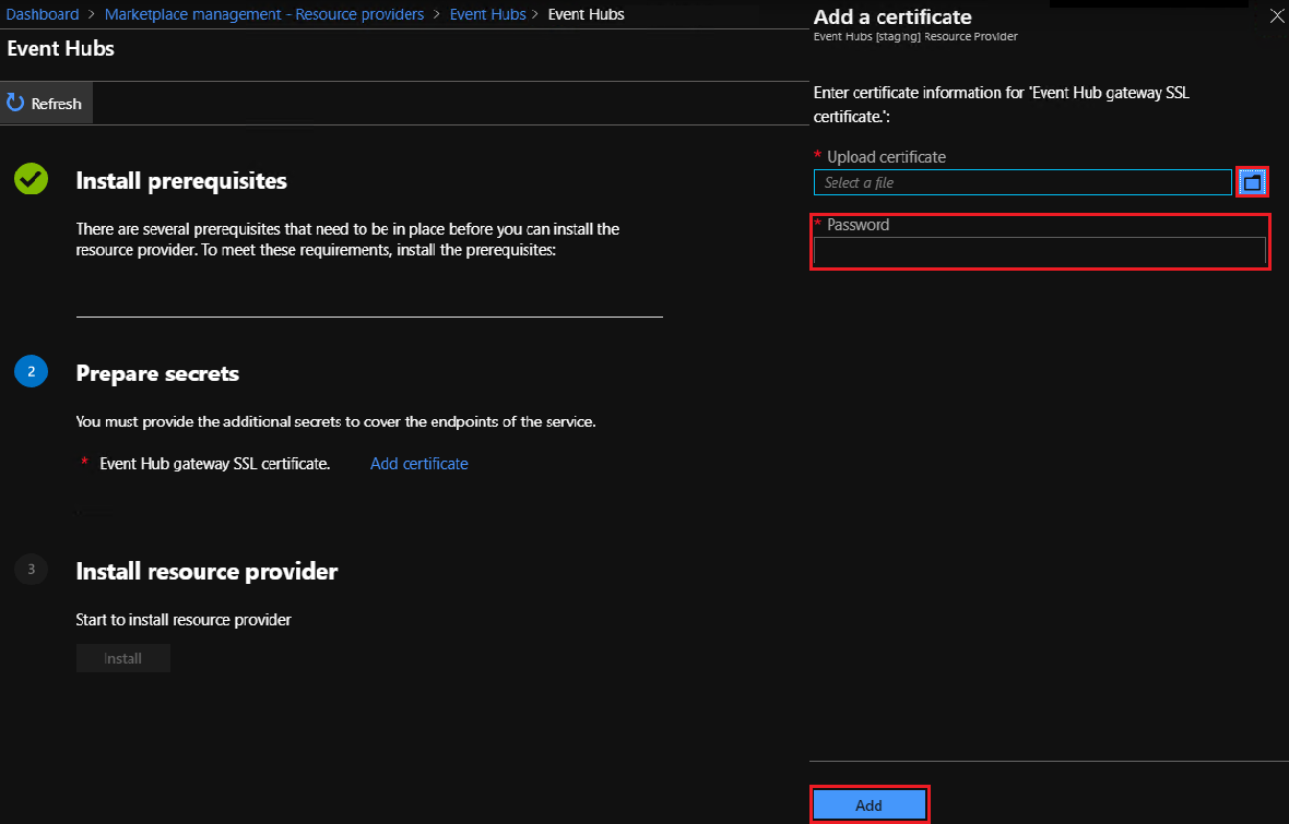 Marketplace-Verwaltung, Event Hubs: Zertifikat hinzufügen
