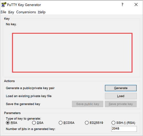 PuTTY-Schlüsselgenerator mit leerem Schlüsselfeld