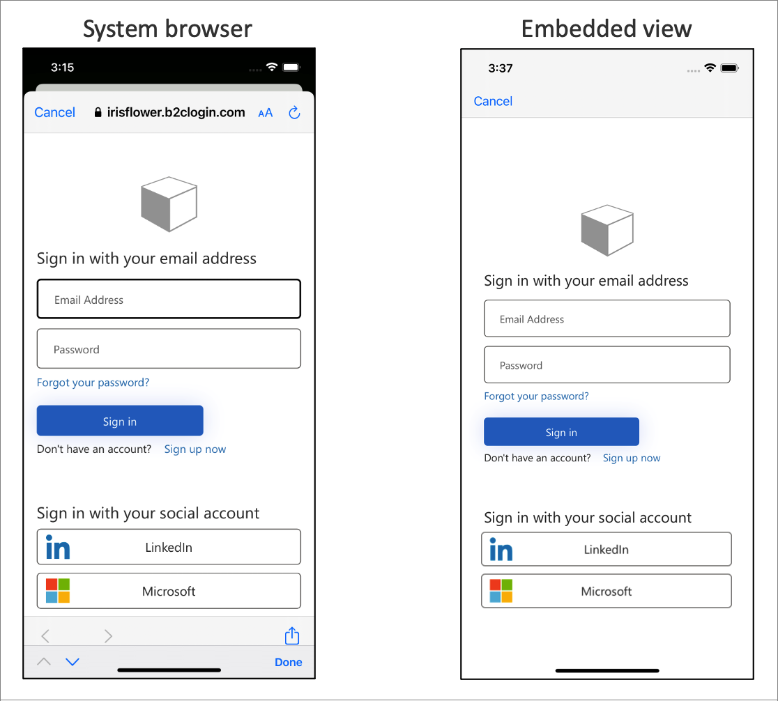 Screenshot: Unterschied zwischen der Benutzeroberfläche der Systemwebansicht und der eingebetteten Webansicht