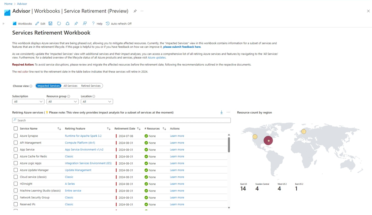 Screenshot: Azure Advisor-Arbeitsmappenvorlage für Diensteinstellungen.