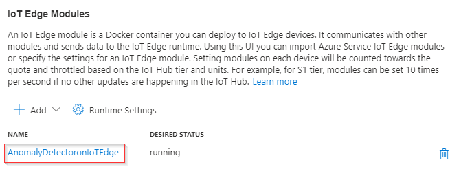 Abbildung der Benutzeroberfläche der IoT Edge-Module mit dem Link AnomalyDetectoronIoTEdge, der mit einem roten Kasten hervorgehoben ist, um anzugeben, dass dies das auszuwählende Element ist