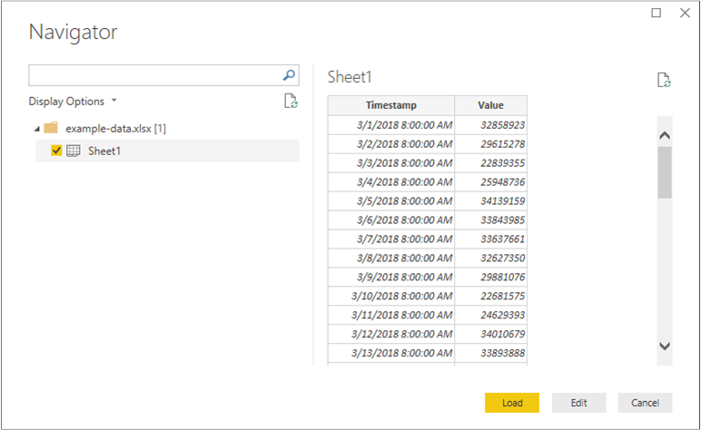 Abbildung des Bildschirms „Navigator“ mit der Datenquelle in Power BI