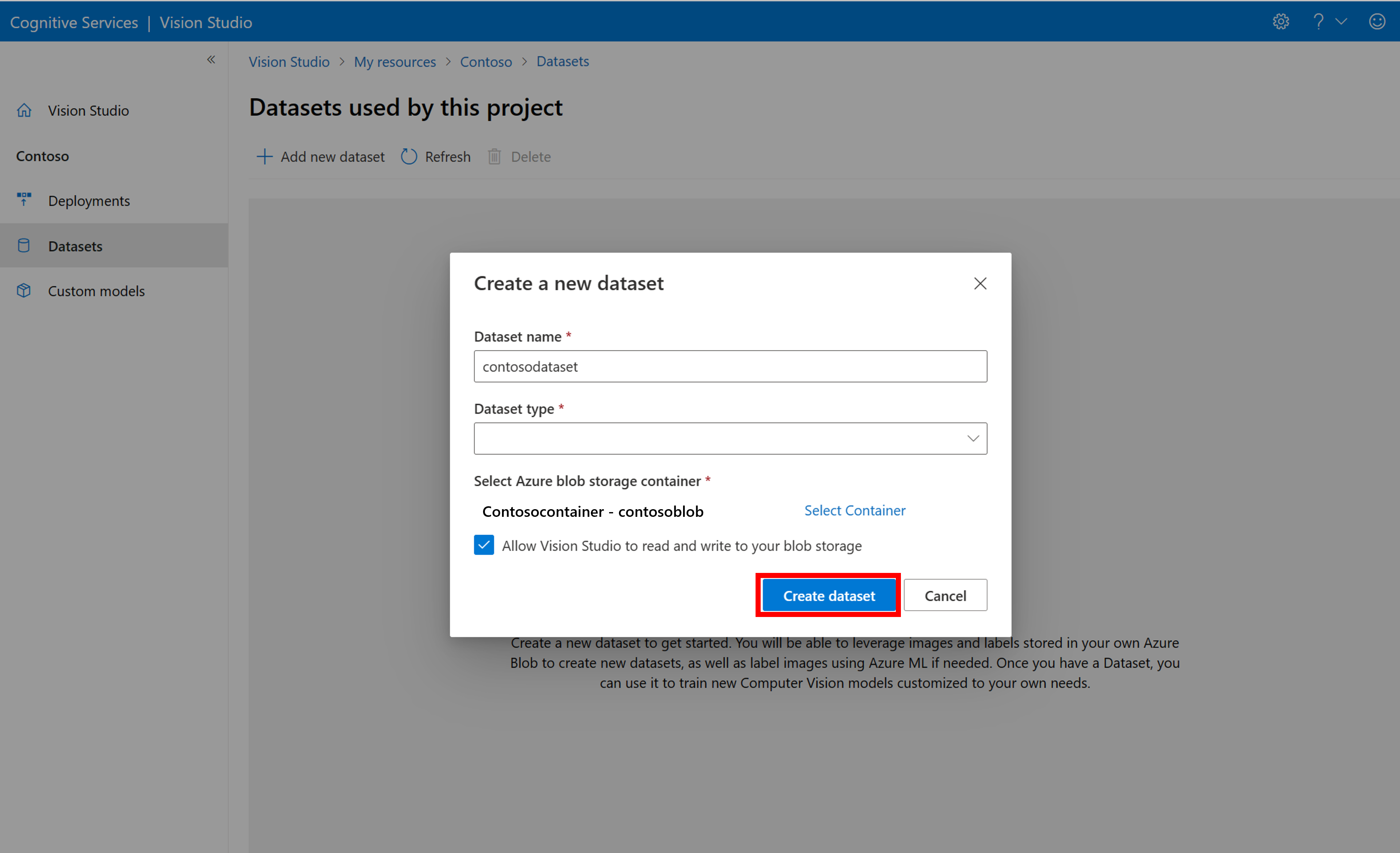 Screenshoot: Dialogfeld zum Erstellen eines neuen Datasets