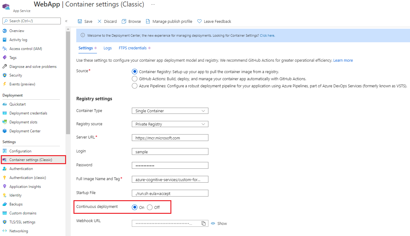 Screenshot der Vergrößerung der Containereinstellungen für Continuous Deployment