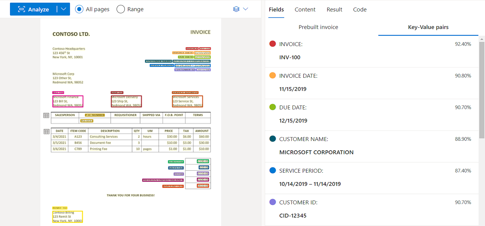 Screenshot der Rechnungsmodellanalyse mit Dokument Intelligenz Studio.