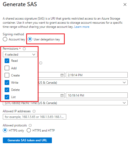 Screenshot: SAS-Berechtigungsfelder im Azure-Portal