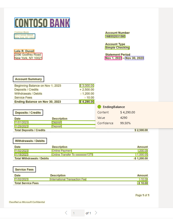 Screenshot der Extraktion des Bankauszugsmodells mit Document Intelligence Studio.