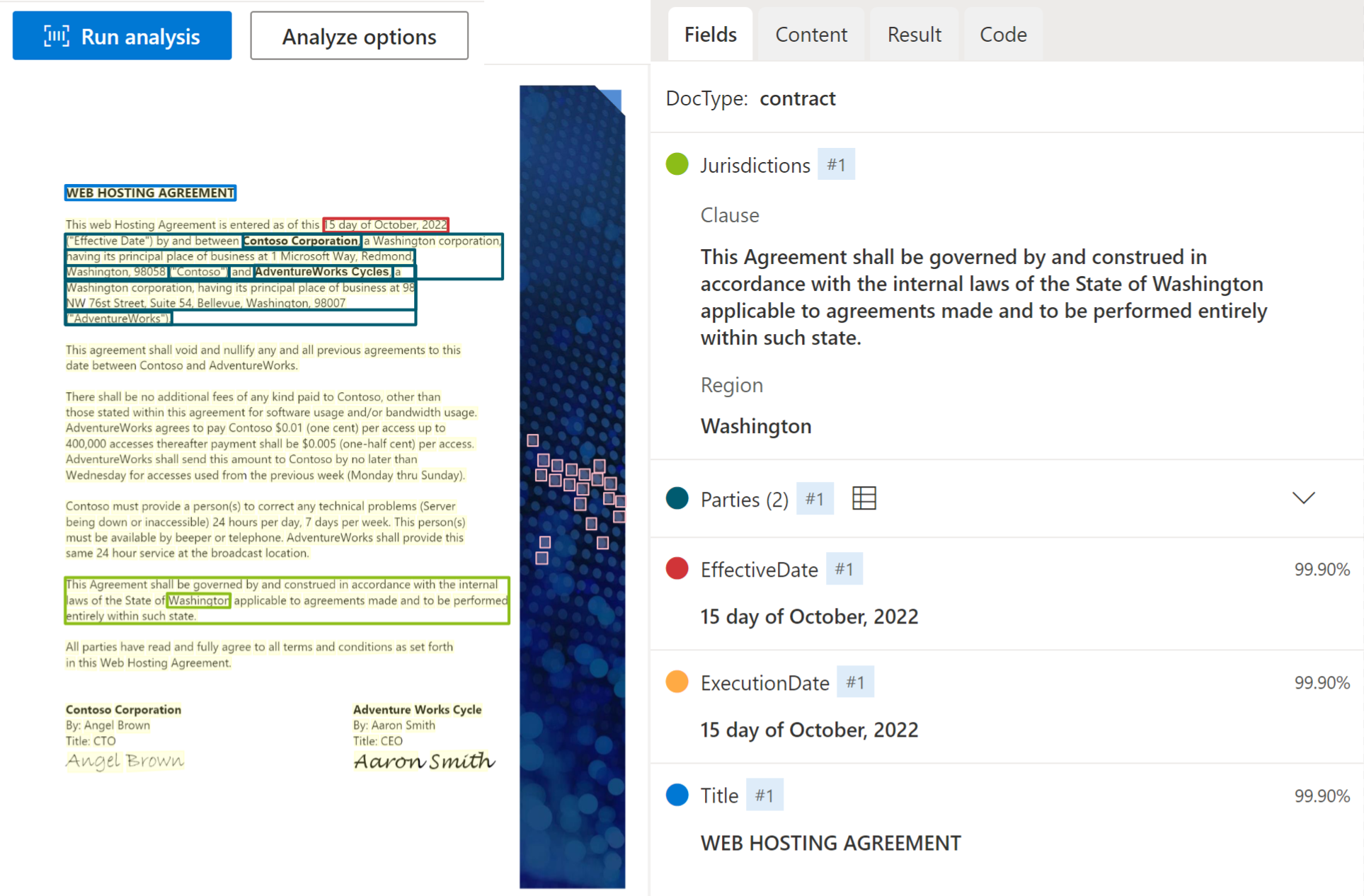 Screenshot der Vertragsmodellextraktion mit Dokument Intelligenz Studio