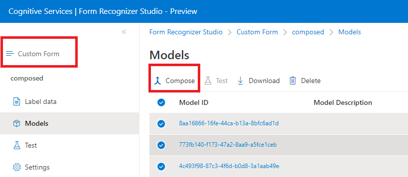 Screenshot des Fensters zu Modellkonfiguration in Document Intelligence Studio