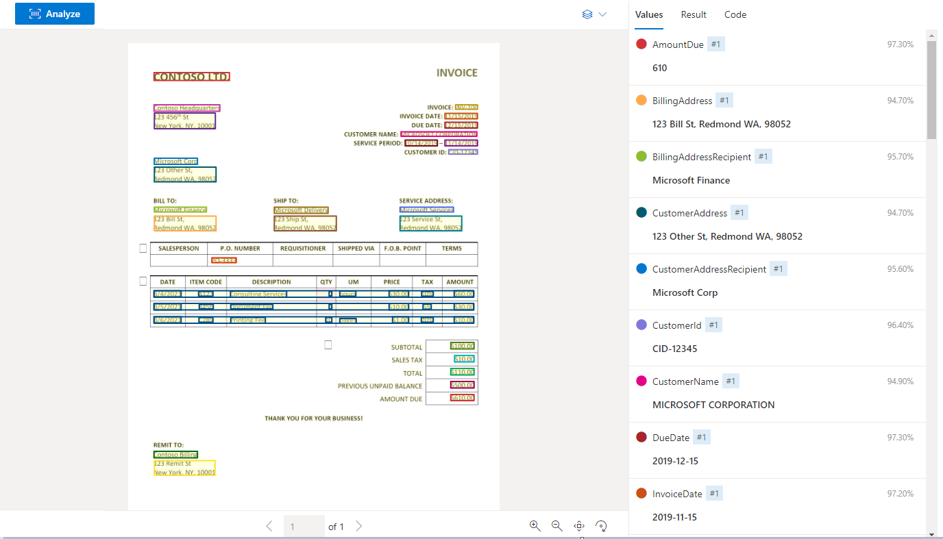 Screenshot: in Dokument Intelligenz Studio analysierte Beispielrechnung