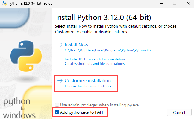 Screenshot: Installieren von Python (Schritt 1) mit dem Kontrollkästchen „Python zu PATH hinzufügen“