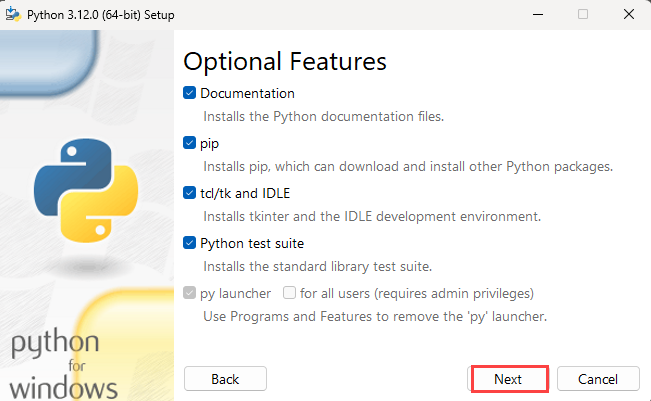 Screenshot: Installieren von Python (Schritt 2) mit optionalen Features