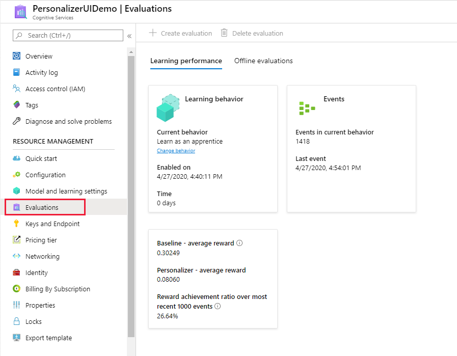 Screenshot: Überprüfung der Auswertung des Lernverhaltens im Ausbildungsmodus im Azure-Portal