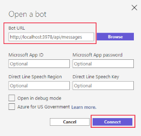 Screenshot: Bot Framework Emulator mit geöffneten Boteinstellungen.