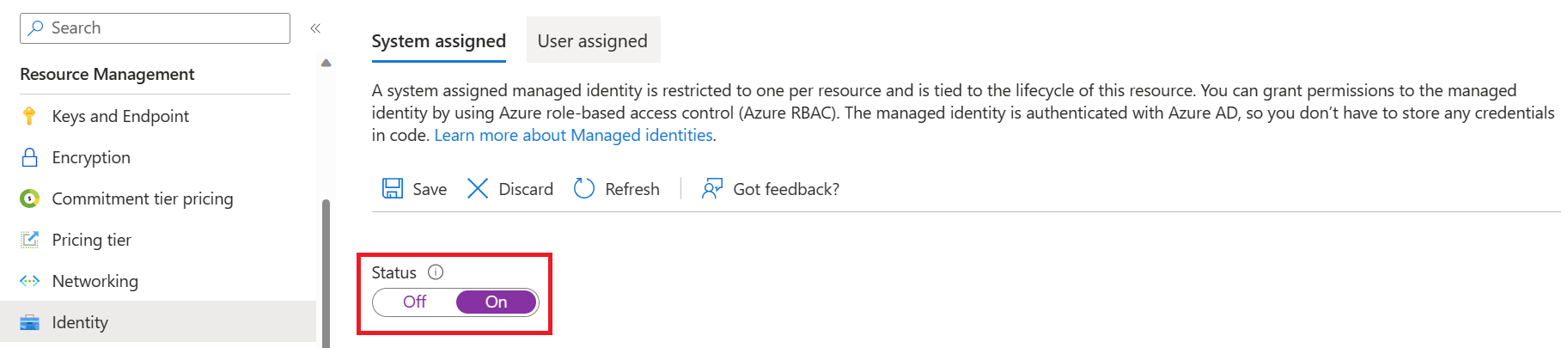 Screenshot: Registerkarte „Ressourcenverwaltungsidentität“ im Azure-Portal