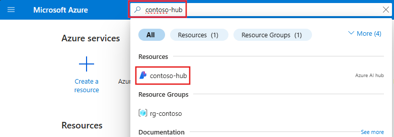 Screenshot: Verwendung des Suchfelds im Azure-Portal zum Suchen eines Hubs