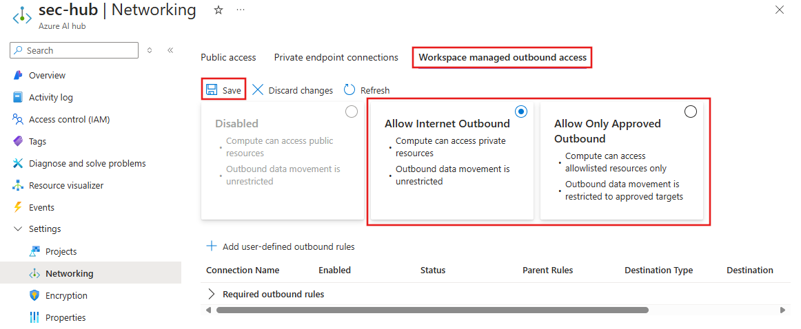 Screenshot: Azure KI Foundry-Hubeinstellungen mit Auswahl der Option „Ausgehenden Internetzugriff zulassen“