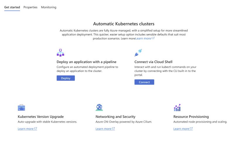 Screenshot: Registerkarte „Erste Schritte“ auf dem Blatt „Übersicht“ nach dem Erstellen eines AKS Automatic-Clusters im Azure-Portal