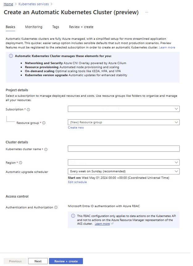 Screenshot: Registerkarte „Grundlagen“ beim Erstellen eines AKS Automatic-Clusters im Azure-Portal