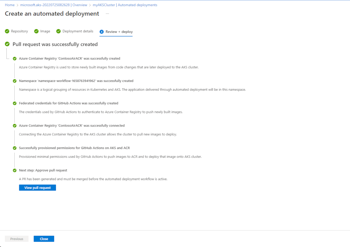 Letzter Bildschirm des Bereitstellungsvorgangs. Die Schaltfläche „Pull-Anforderung ansehen“ ist hervorgehoben.