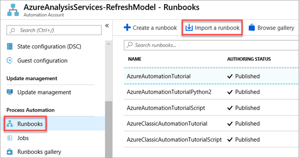 Screenshot, der die Seite „Runbooks“ mit ausgewählter Aktion „Runbook importieren“ zeigt.