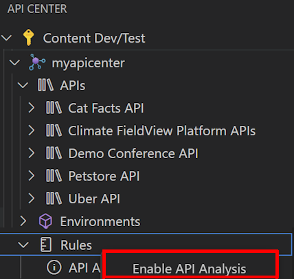 Screenshot: Aktivierung von API-Linten und -Analyse in Visual Studio Code