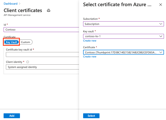 Screenshot: Hinzufügen eines Schlüsseltresorzertifikats zu API Management im Portal