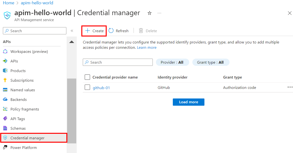 Screenshot der Erstellung einer API Management-Anmeldeinformationen im Azure-Portal.