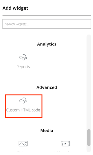 Screenshot: Hinzufügen eines Widgets für benutzerdefinierten HTML-Code im Entwicklerportal