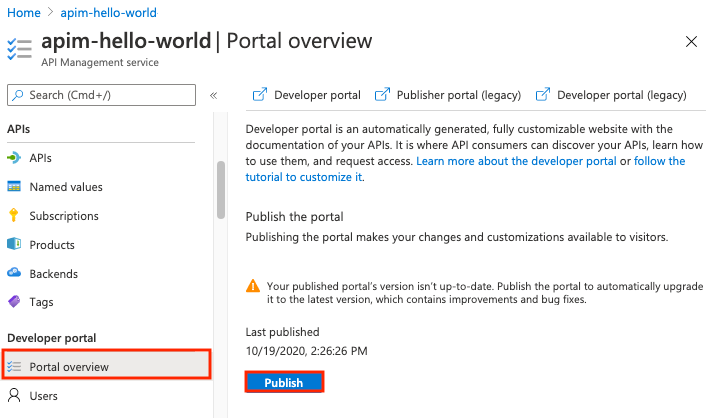 Screenshot: Veröffentlichen des Entwicklerportals über das Azure-Portal